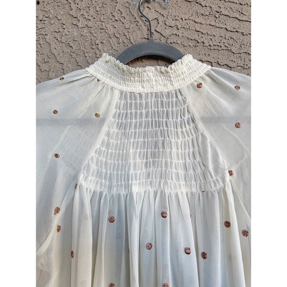 FREE PEOPLE Sheer Cream Metallic Gold Clip Dot Smocked Oversized Tunic Blouse - Picture 7 of 17